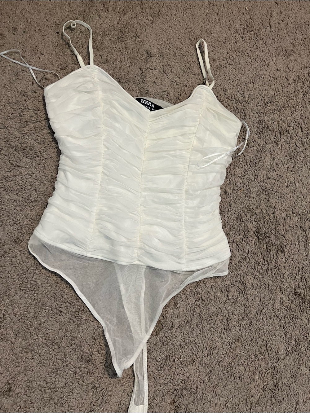 Hera Collection White Ruched Mesh Camisole Bodysuit